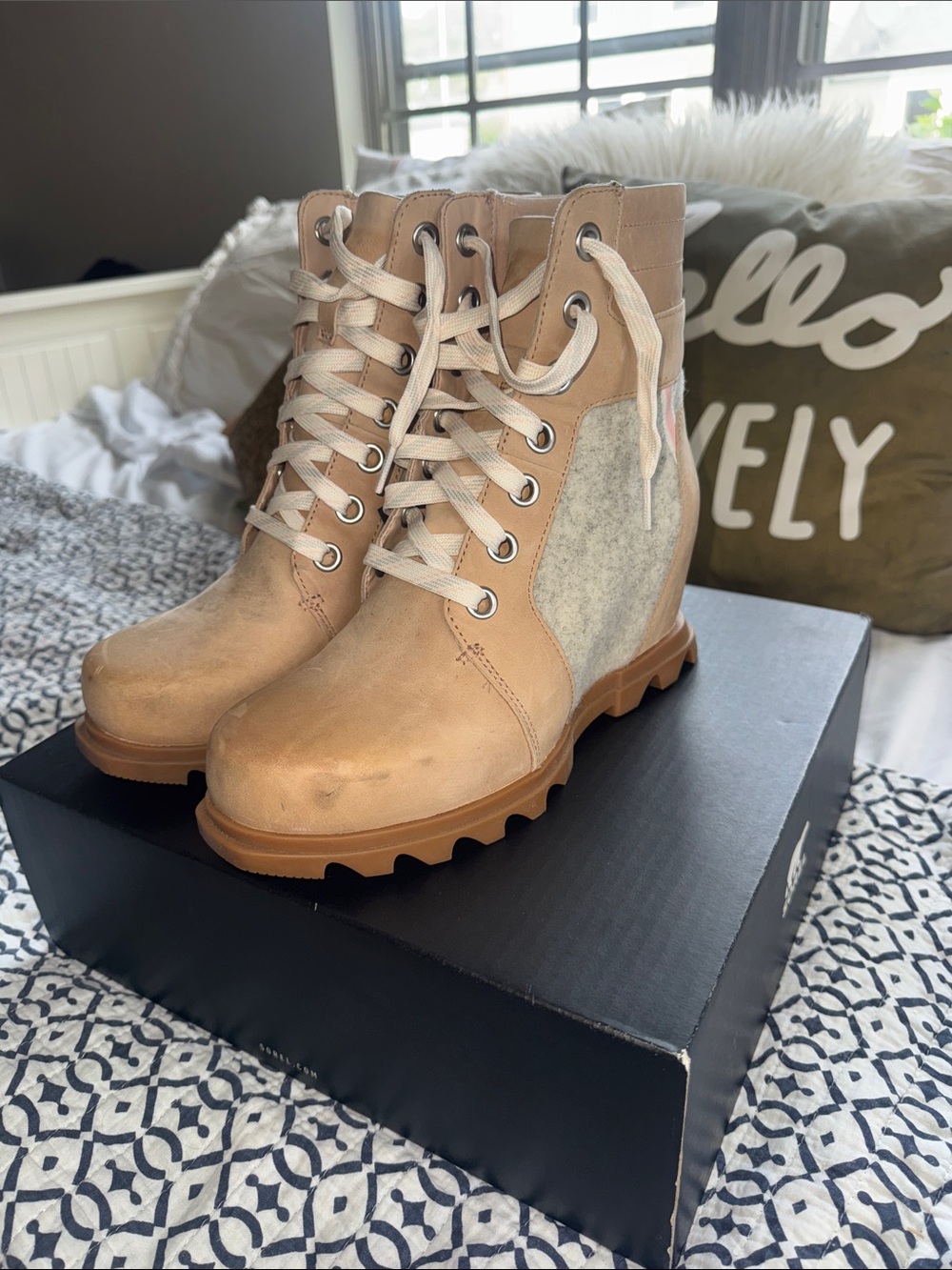Sorel Beige and Light Gray Lace-Up Wedge Ankle Boots